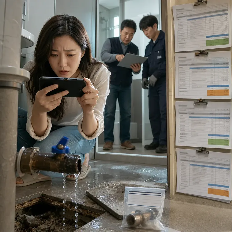 Woman photographing a leaking pipe while technicians inspect the area behind her