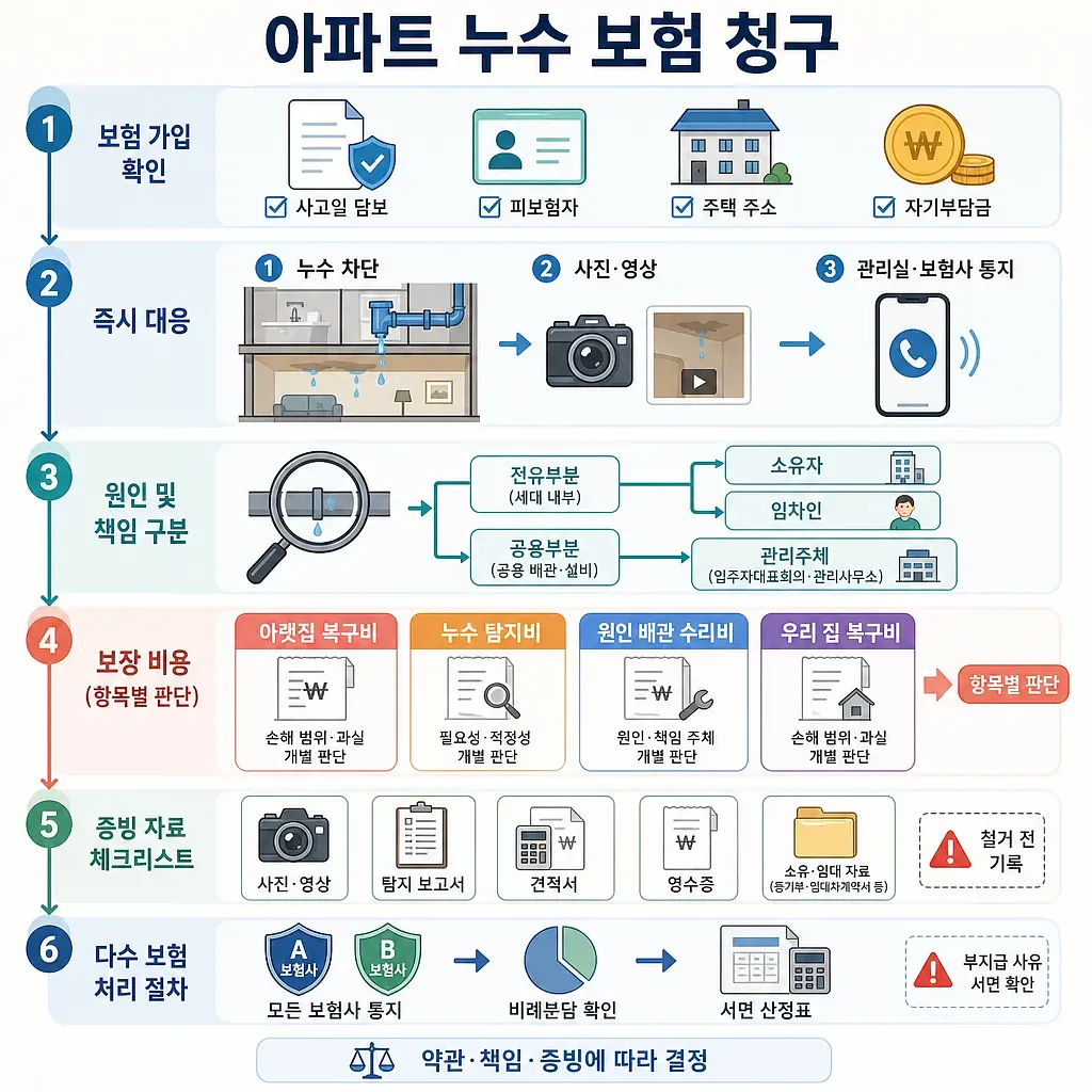 아파트 누수 보험 청구의 보험 확인, 즉시 대응, 책임 구분, 비용 판단, 증빙, 다수 보험 처리 절차