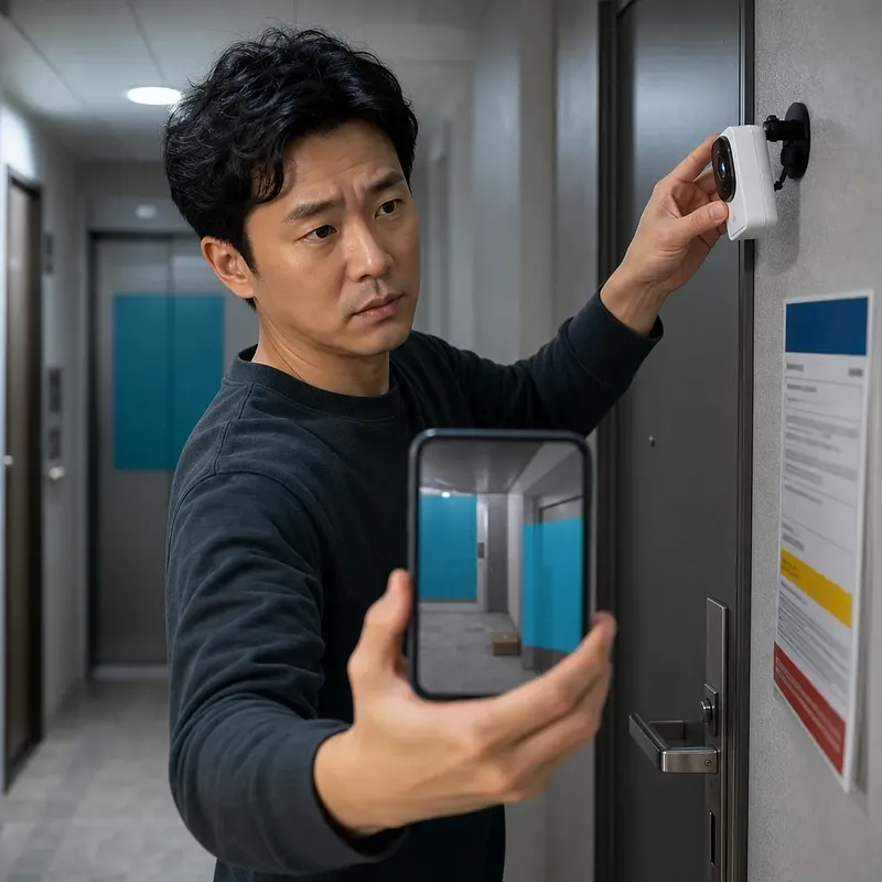 Man adjusting a home camera beside an apartment door while checking the hallway view on his phone