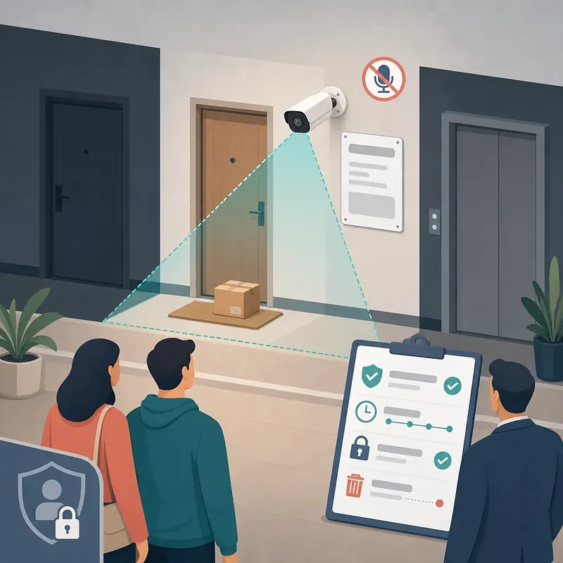 Residents reviewing a checklist beside a CCTV camera monitoring an apartment entrance