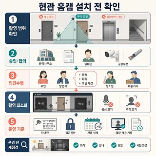 아파트 현관 홈캠 설치 전 촬영 범위, 승인, 의견 수렴, 촬영 최소화, 운영 기준을 안내하는 5단계 도표