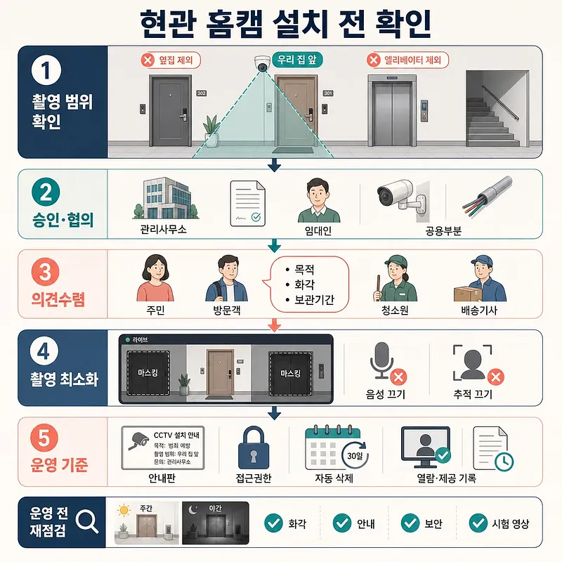 아파트 현관 홈캠 설치 전 촬영 범위, 승인, 의견 수렴, 촬영 최소화, 운영 기준을 안내하는 5단계 도표