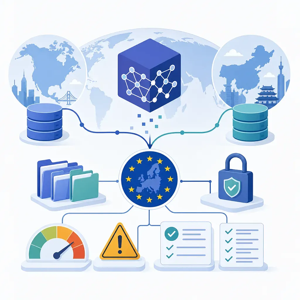 EU flag hub connected to an AI cube, databases, security lock, risk gauge, warning sign, and checklists
