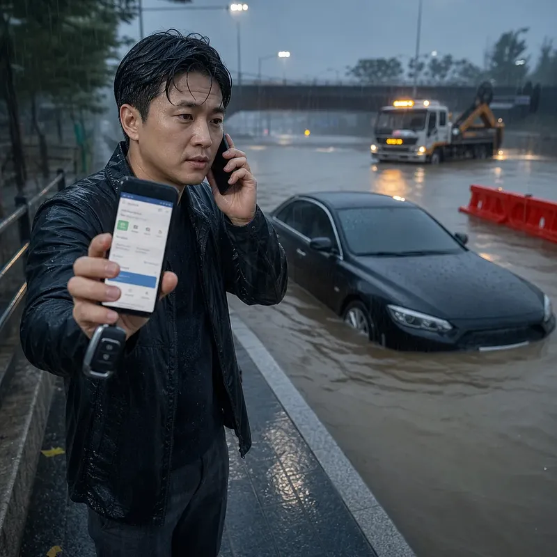 Man on the phone showing a smartphone beside a flooded sedan in heavy rain