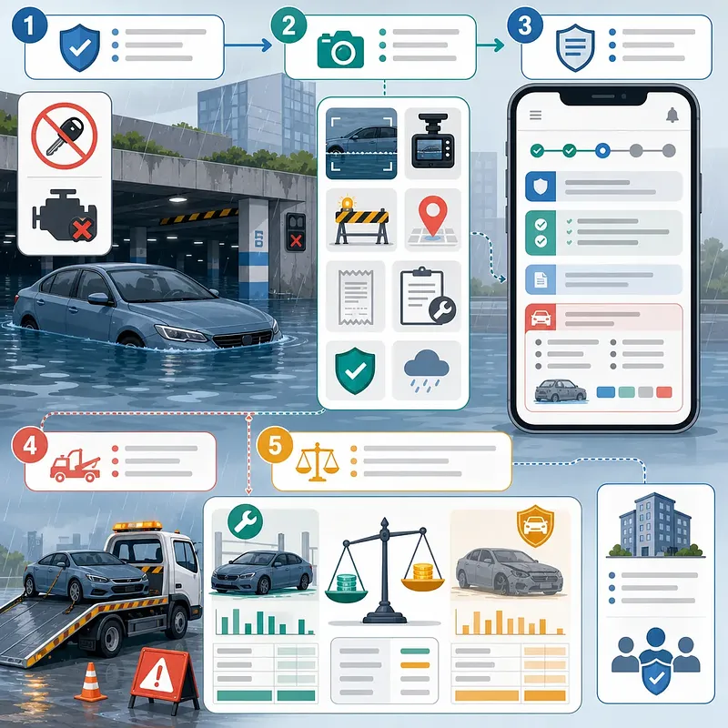 Five-step flooded car insurance claim graphic with documentation, mobile filing, towing, and assessment