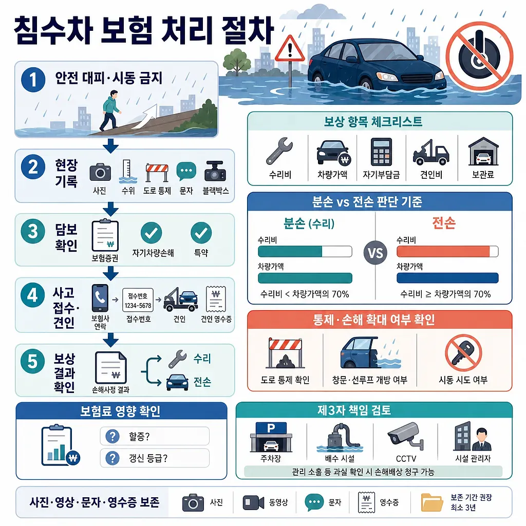 침수차 보험 처리 5단계와 보상 항목, 전손 기준, 증빙 자료를 정리한 안내 인포그래픽