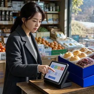 Mujer usando una tableta junto a cajas de peras y dátiles en una frutería
