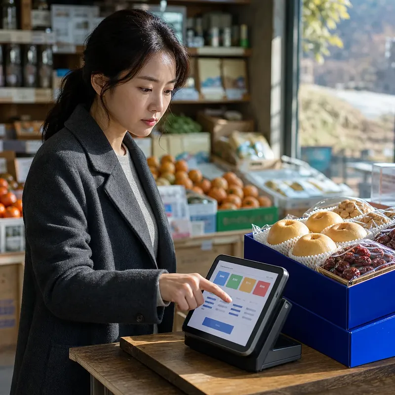 Woman using a tablet terminal beside gift boxes of pears and dates in a fruit shop