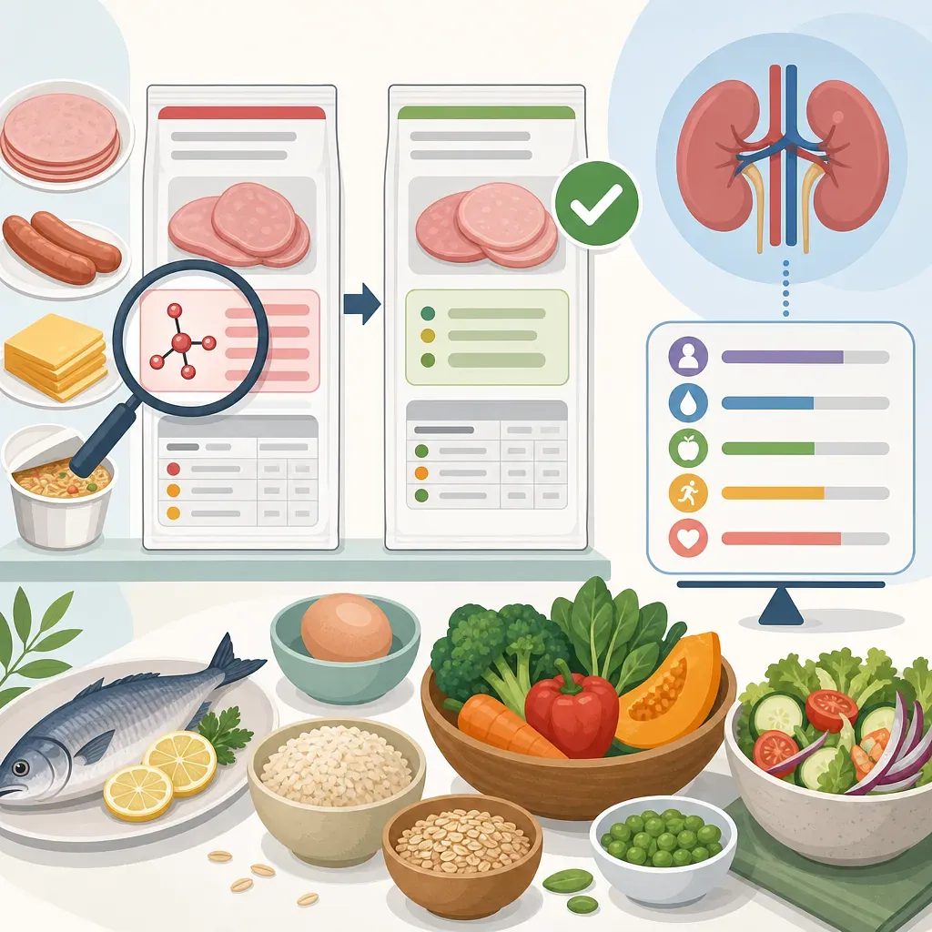 Comparación de etiquetas con riñones, carnes procesadas, pescado, cereales y verduras frescas