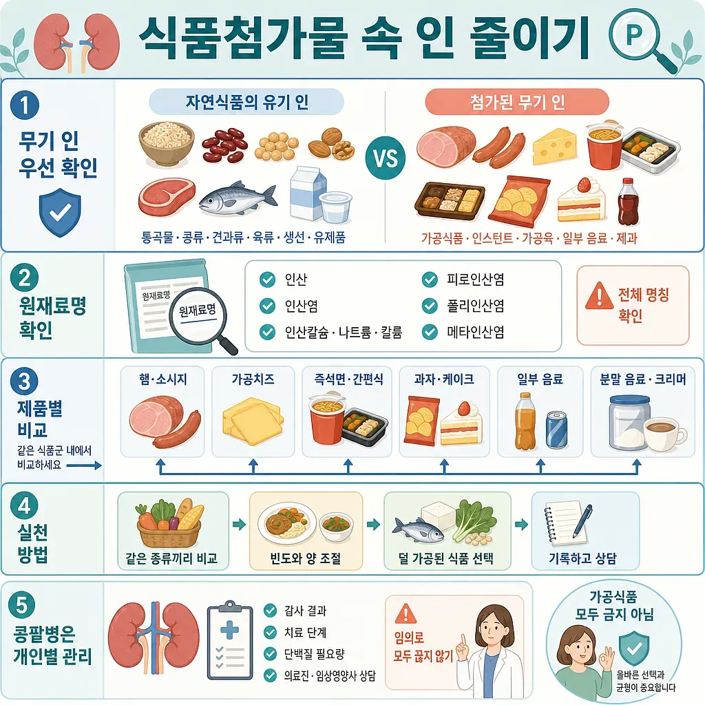 식품 속 인 줄이기 5단계를 음식 비교와 원재료명 확인법으로 설명한 인포그래픽