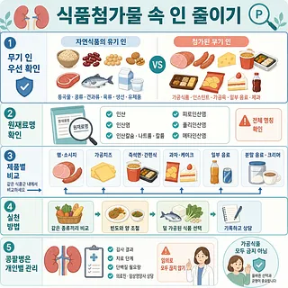 식품 속 인 줄이기 5단계를 음식 비교와 원재료명 확인법으로 설명한 인포그래픽