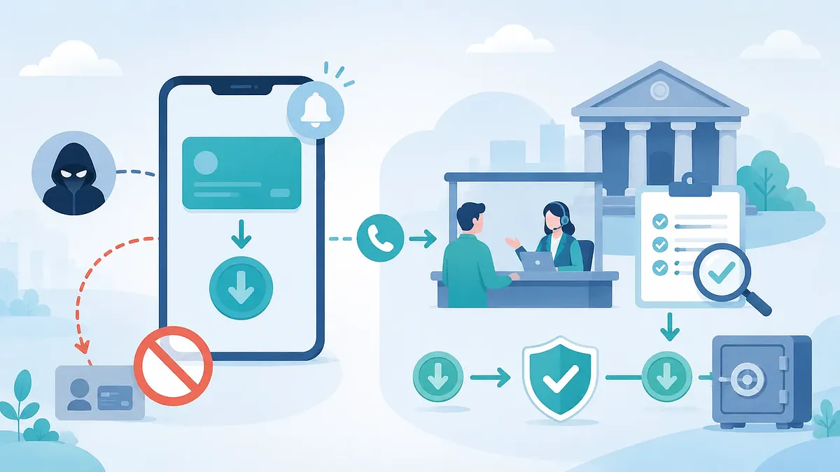 Vector scene showing an unknown deposit alert, blocked retransfer path, bank support, and verification steps