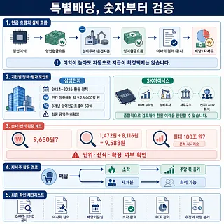 삼성전자·SK하이닉스 특별배당의 현금흐름, 정책, 숫자 검증, 자사주 활용을 정리한 인포그래픽