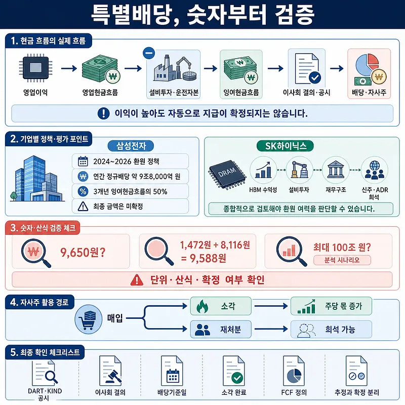 삼성전자·SK하이닉스 특별배당의 현금흐름, 정책, 숫자 검증, 자사주 활용을 정리한 인포그래픽