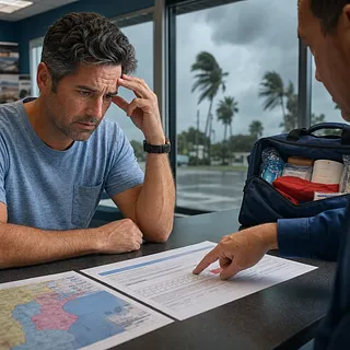 Concerned man reviewing flood insurance forms with an adviser as a storm rages outside
