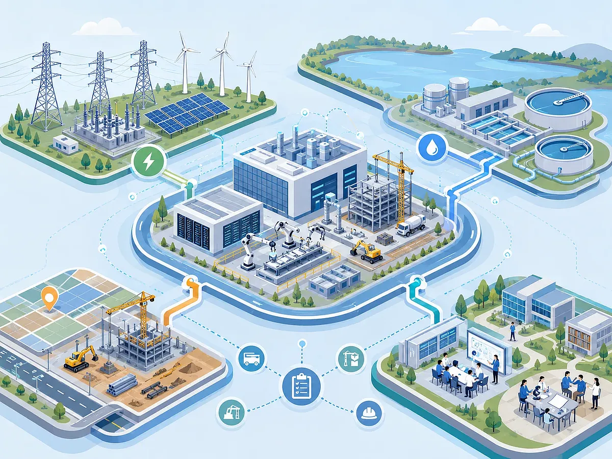 Plano de clúster futuro que conecta energía, agua, suelo y talento con un campus industrial central