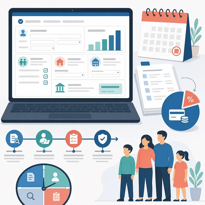 Laptop with an online form, calendar, documents, tax chart, clock, and family