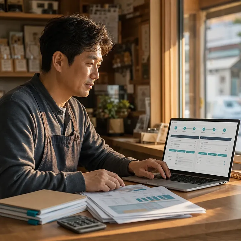 書類を確認しながらノートパソコンでオンライン申請する小規模事業者