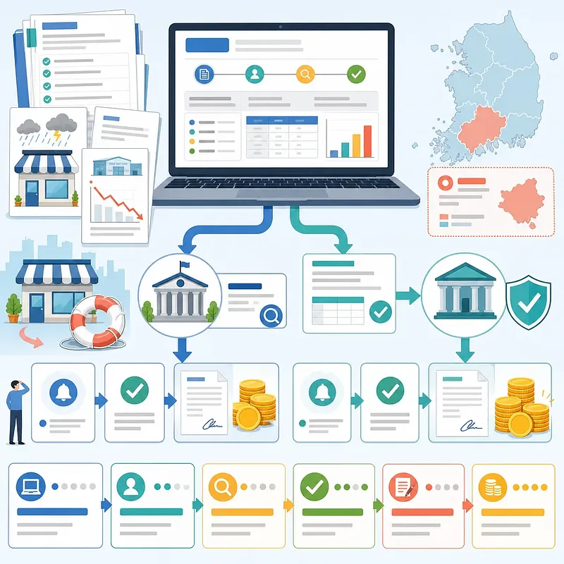 Online policy funding process with a laptop, Korea map, shops, documents, government offices, and coins