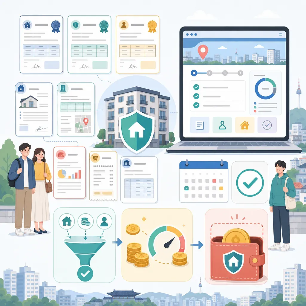 Housing guarantee support process with documents, laptop, calendar, shielded home, coins, and wallet
