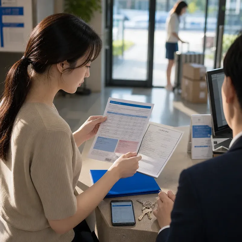 Woman reviewing settlement documents with staff at a counter, with keys and a phone on the desk