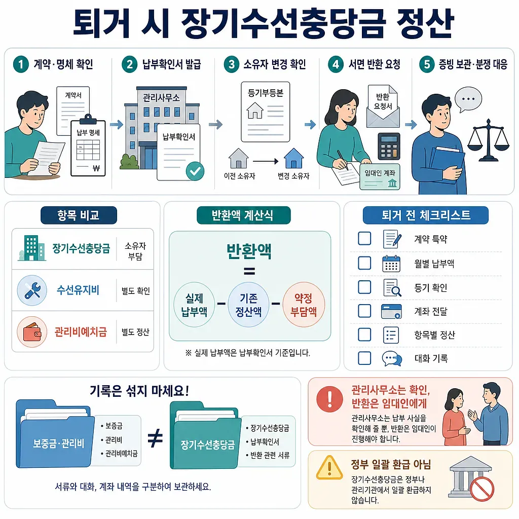 퇴거 시 장기수선충당금 정산 5단계와 반환액 계산식, 체크리스트를 정리한 인포그래픽