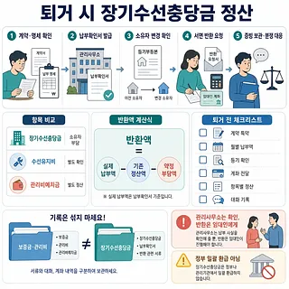 퇴거 시 장기수선충당금 정산 5단계와 반환액 계산식, 체크리스트를 정리한 인포그래픽