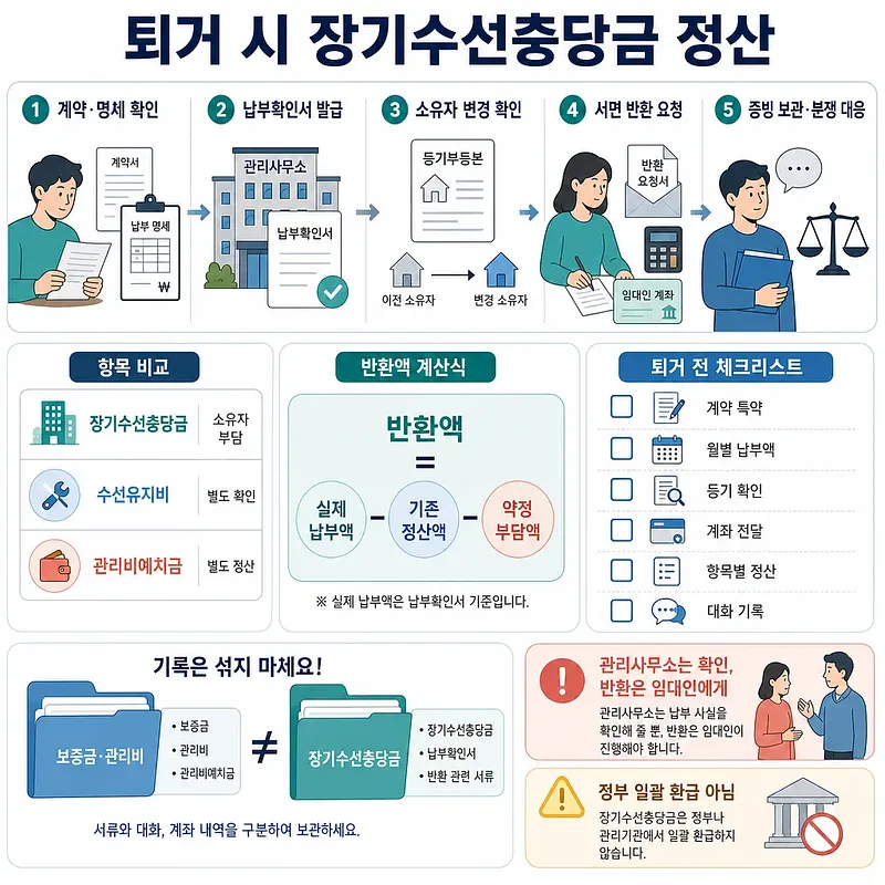 퇴거 시 장기수선충당금 정산 5단계와 반환액 계산식, 체크리스트를 정리한 인포그래픽