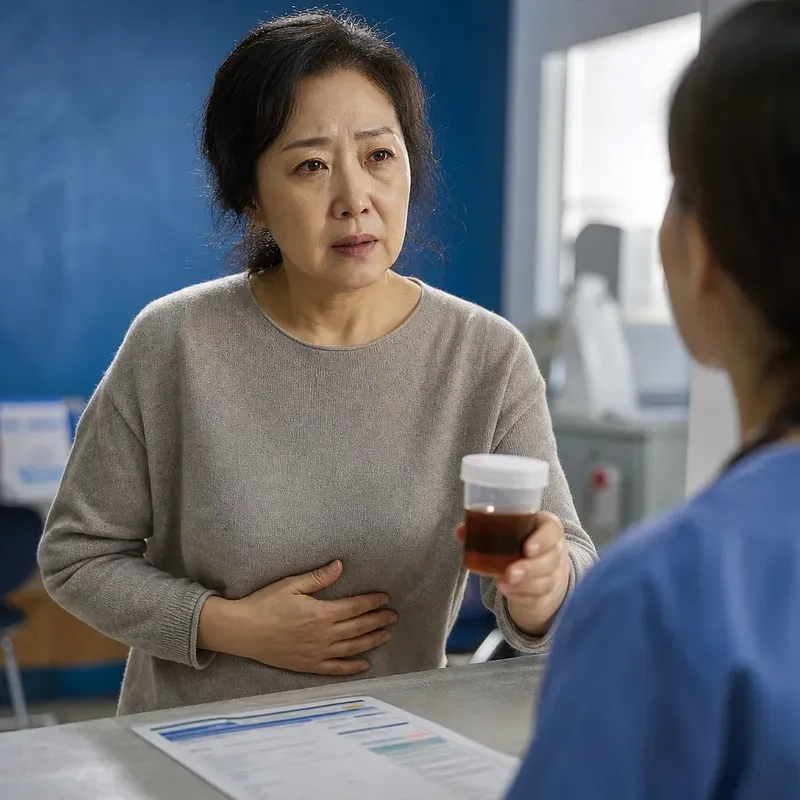 Woman holding her abdomen and showing a specimen container to a clinician