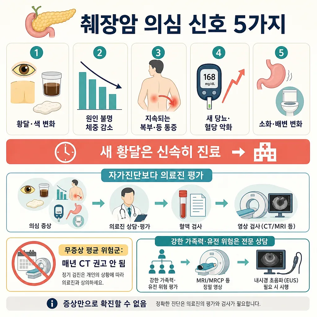 황달, 체중 감소, 복부·등 통증, 혈당 악화, 소화·배변 변화를 보여주는 췌장암 신호 안내