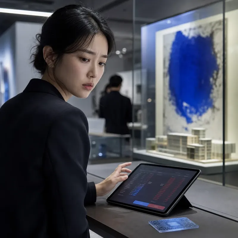 展示空間で相場情報を表示したタブレットを操作する女性