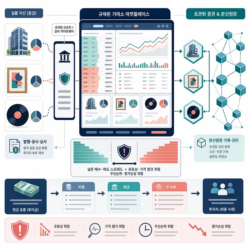 Diagrama de valores de activos reales conectados con un mercado regulado, tokens y un registro distribuido