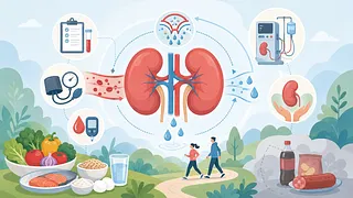 Vector illustration of kidneys with testing, blood pressure, glucose, diet, walking, dialysis, and transplant care