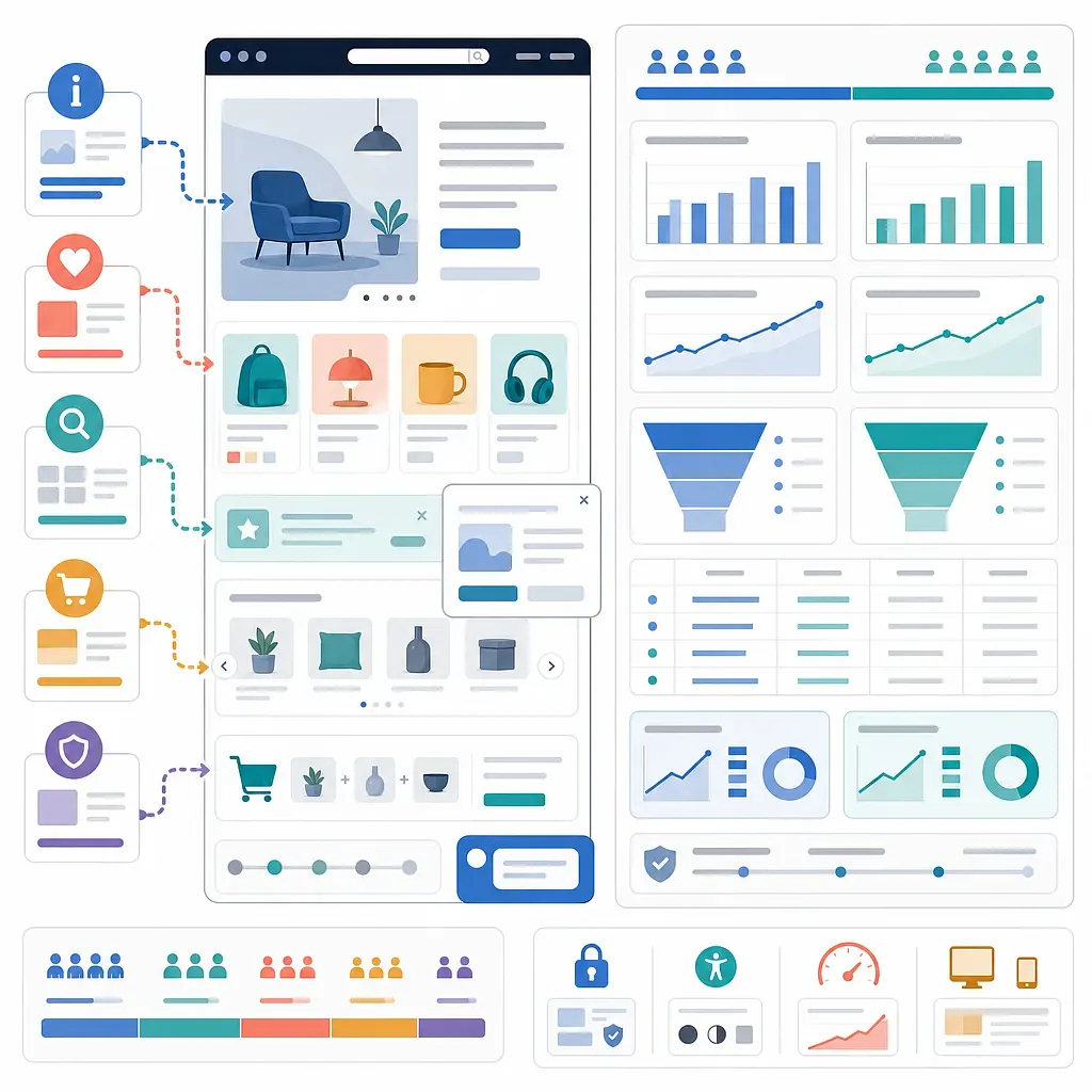 On-site marketing dashboard with personalized web elements, audience segments, charts, and funnels