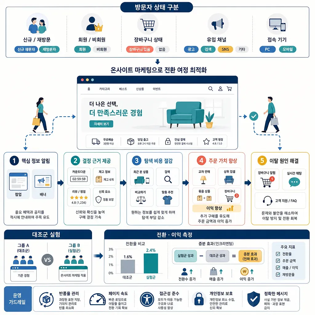 Infografía sobre segmentación de visitantes y cinco estrategias de marketing onsite para aumentar conversiones