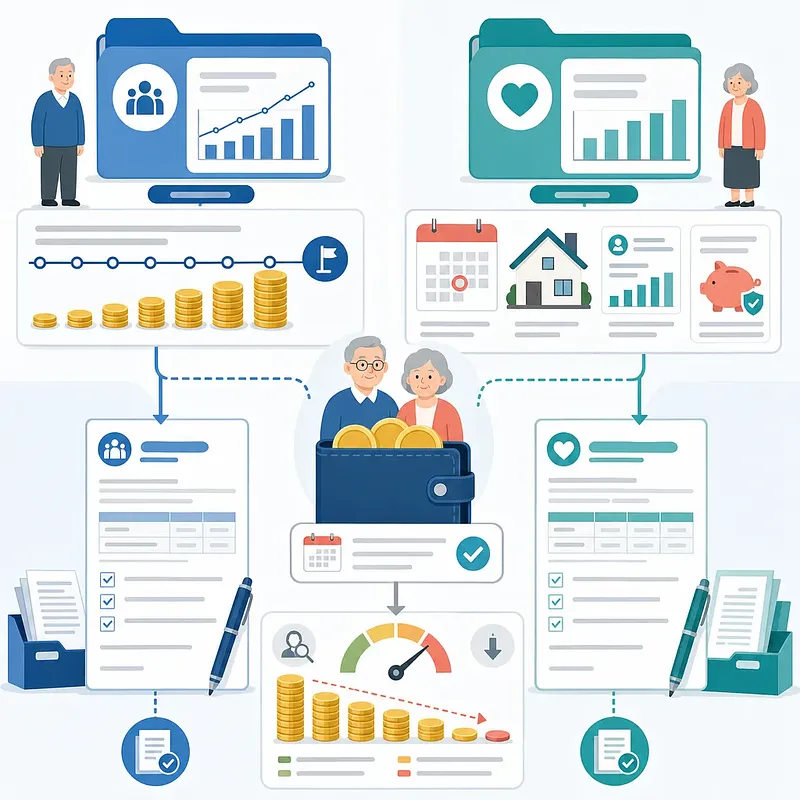 Infographic comparing old-age and basic pensions with a senior couple, forms, coins, and charts