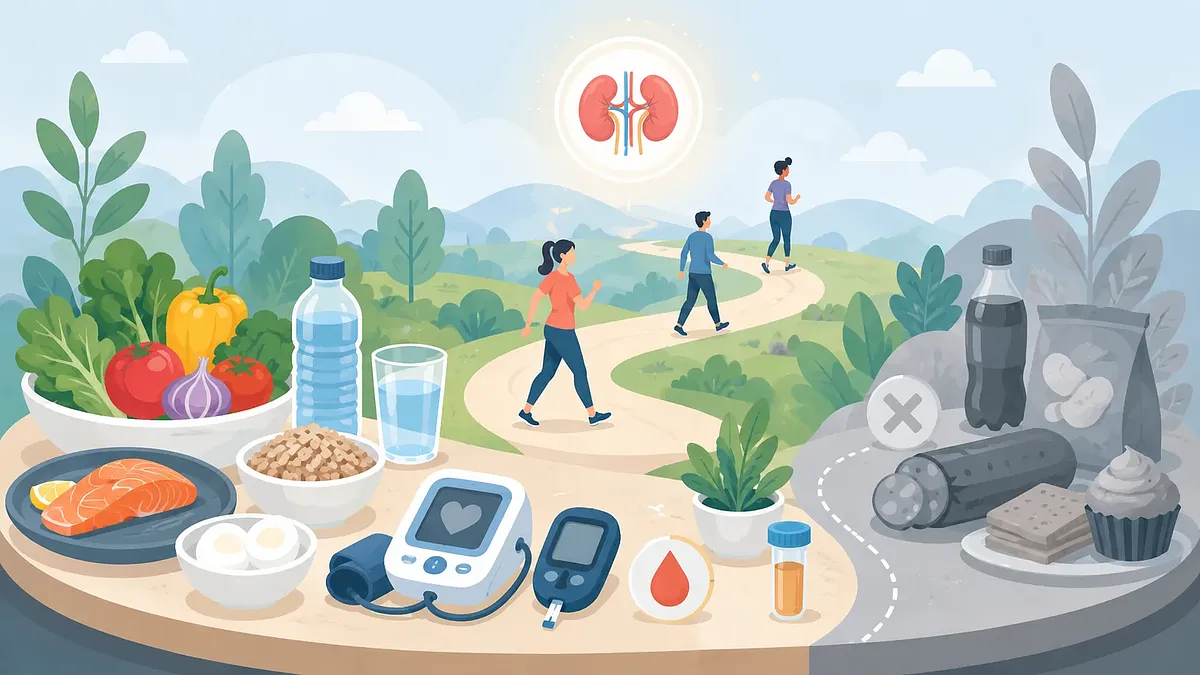 Escena vectorial con alimentos saludables, agua, medidores, camino para caminar y procesados atenuados