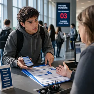Student showing his phone and paperwork to an adviser at a college financial aid desk