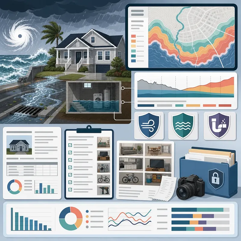 Hurricane, flooded coastal home, flood-risk map, charts, and property records