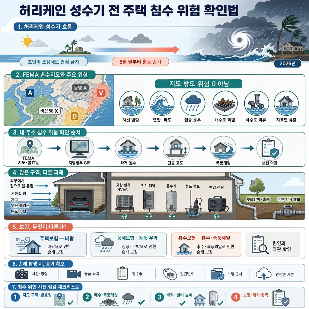 허리케인 성수기 흐름, FEMA 지도, 주택 침수 위험과 보험 점검 절차를 정리한 인포그래픽