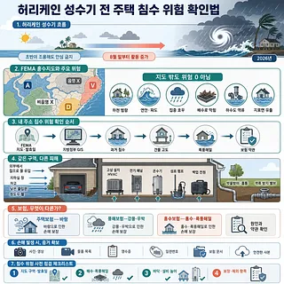 허리케인 성수기 흐름, FEMA 지도, 주택 침수 위험과 보험 점검 절차를 정리한 인포그래픽