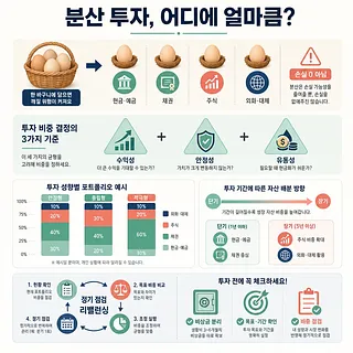 달걀과 자산 아이콘으로 분산 투자 비중과 포트폴리오 예시를 설명하는 인포그래픽