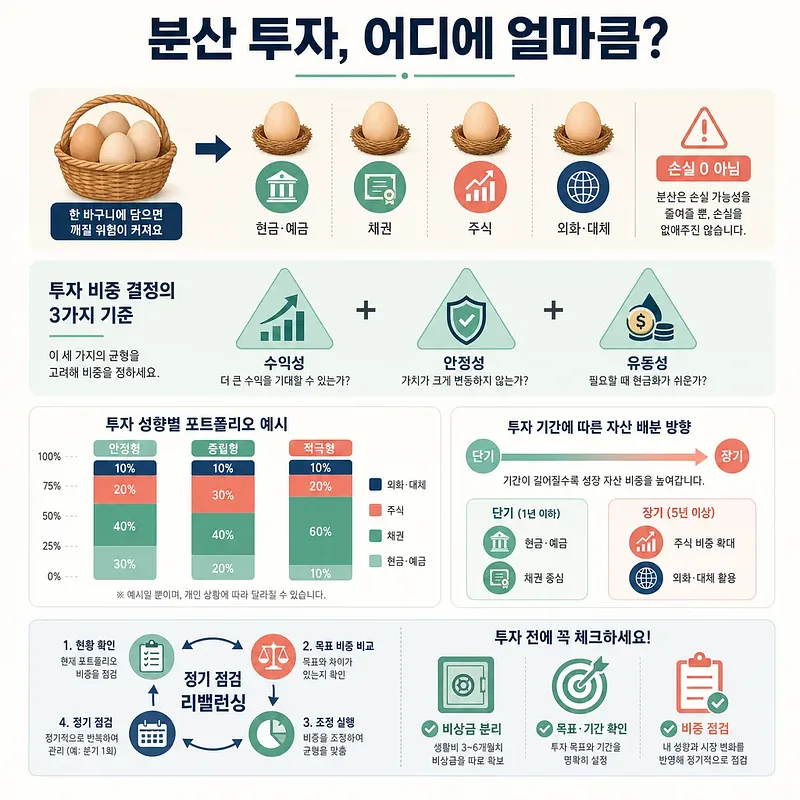 Korean infographic showing eggs split among cash, bonds, stocks, and alternative assets