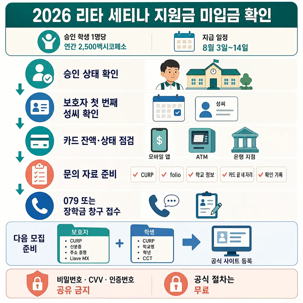Infographic on checking missing 2026 Rita Cetina payments and preparing for the next application