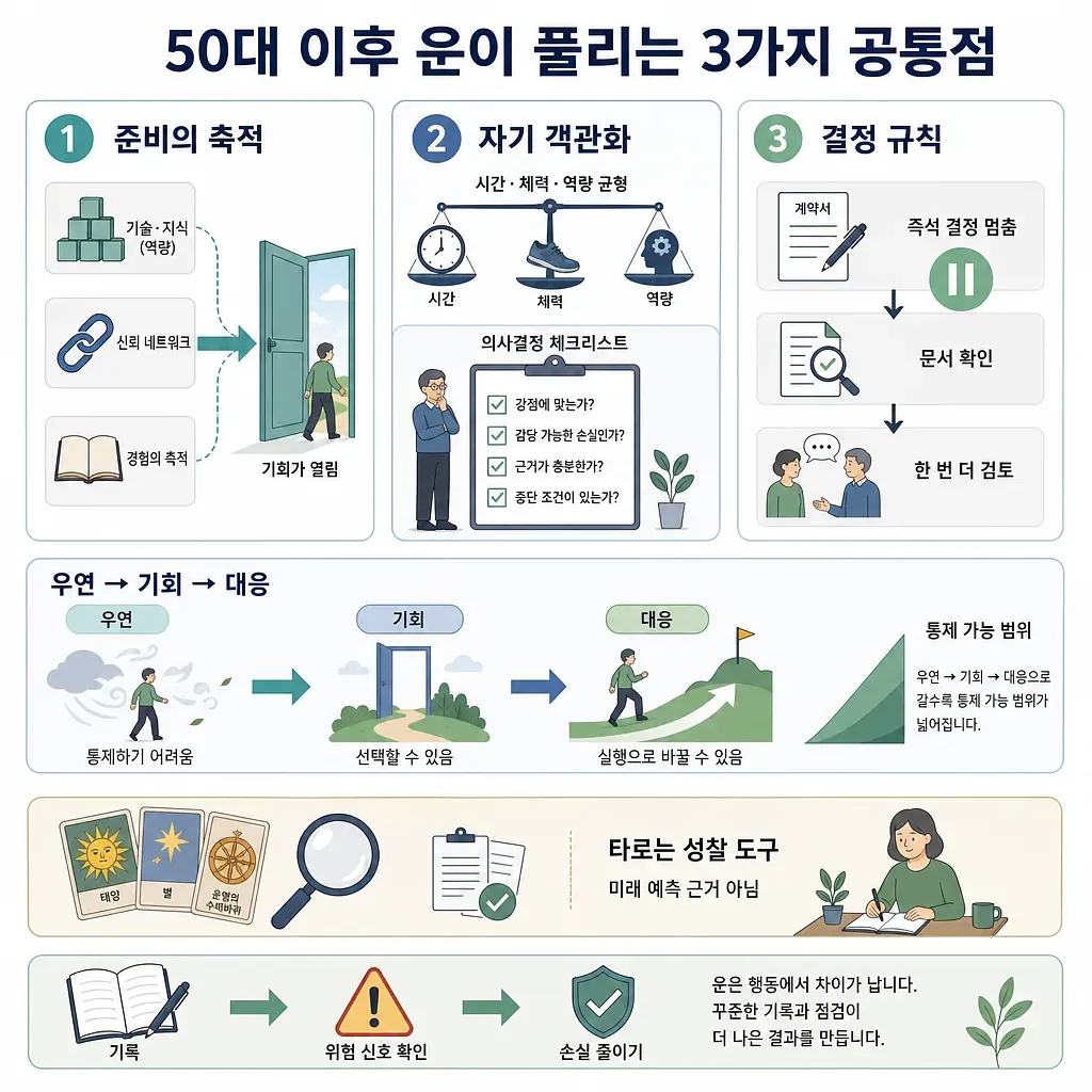 50대 이후 운이 풀리는 세 가지 공통점인 준비의 축적, 자기 객관화, 결정 규칙을 설명한 인포그래픽