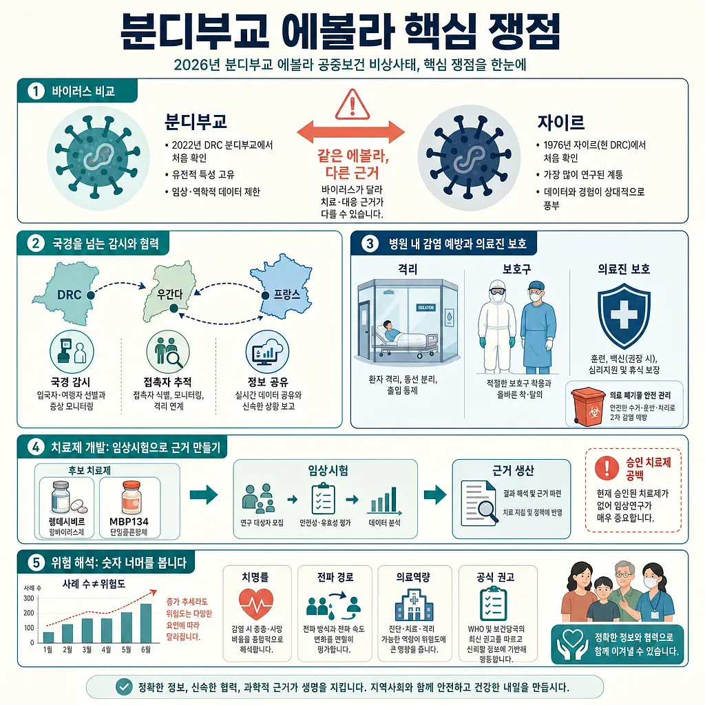 Infografía en coreano sobre los puntos clave del ébola Bundibugyo