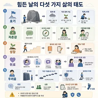 힘든 날의 삶의 태도 다섯 가지를 포기, 자존감, 성장, 위로, 두려움으로 나눈 인포그래픽