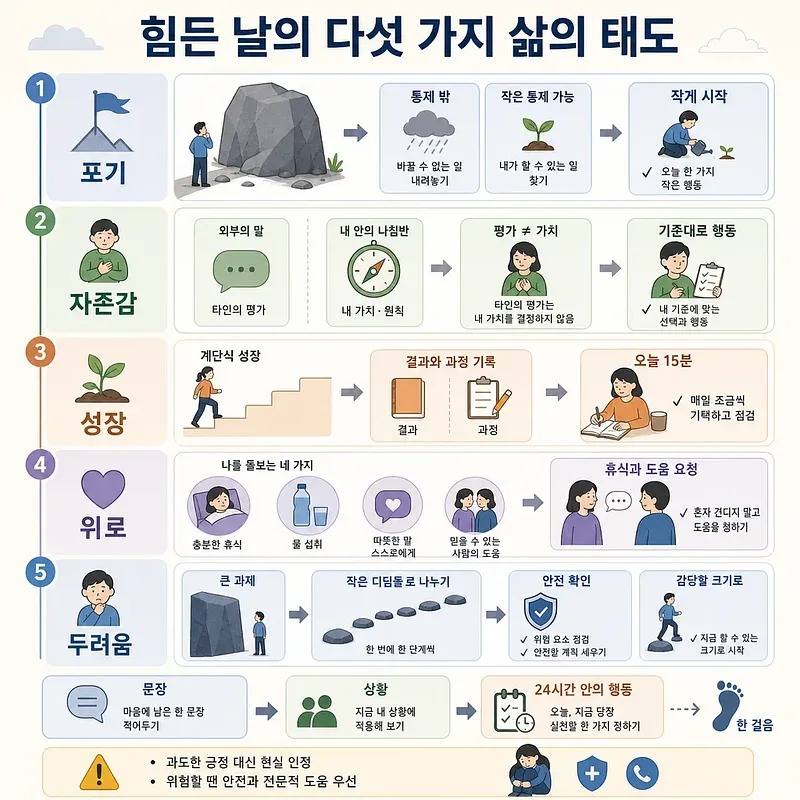 つらい日の5つの姿勢を、手放すこと、自尊心、成長、慰め、恐れに分けた図解