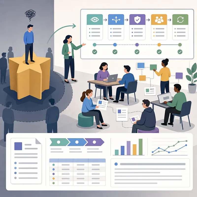 별 모양 단상에 홀로 선 남성과 업무 절차를 논의하며 협업하는 팀원들의 일러스트
