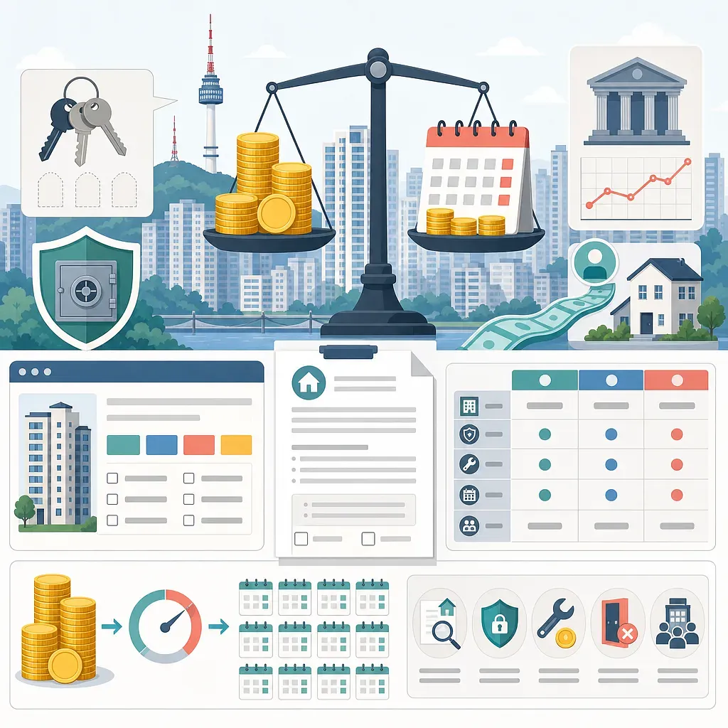 Infografía sobre alquileres en Seúl con balanza, monedas, calendario, contratos y viviendas